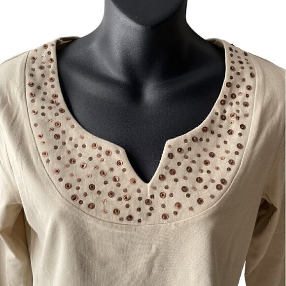 V-Neck Copper Sequins Detail Embellishment Tan 3/4 Sleeve Top Women’s S COASTAL - Picture 3 of 10